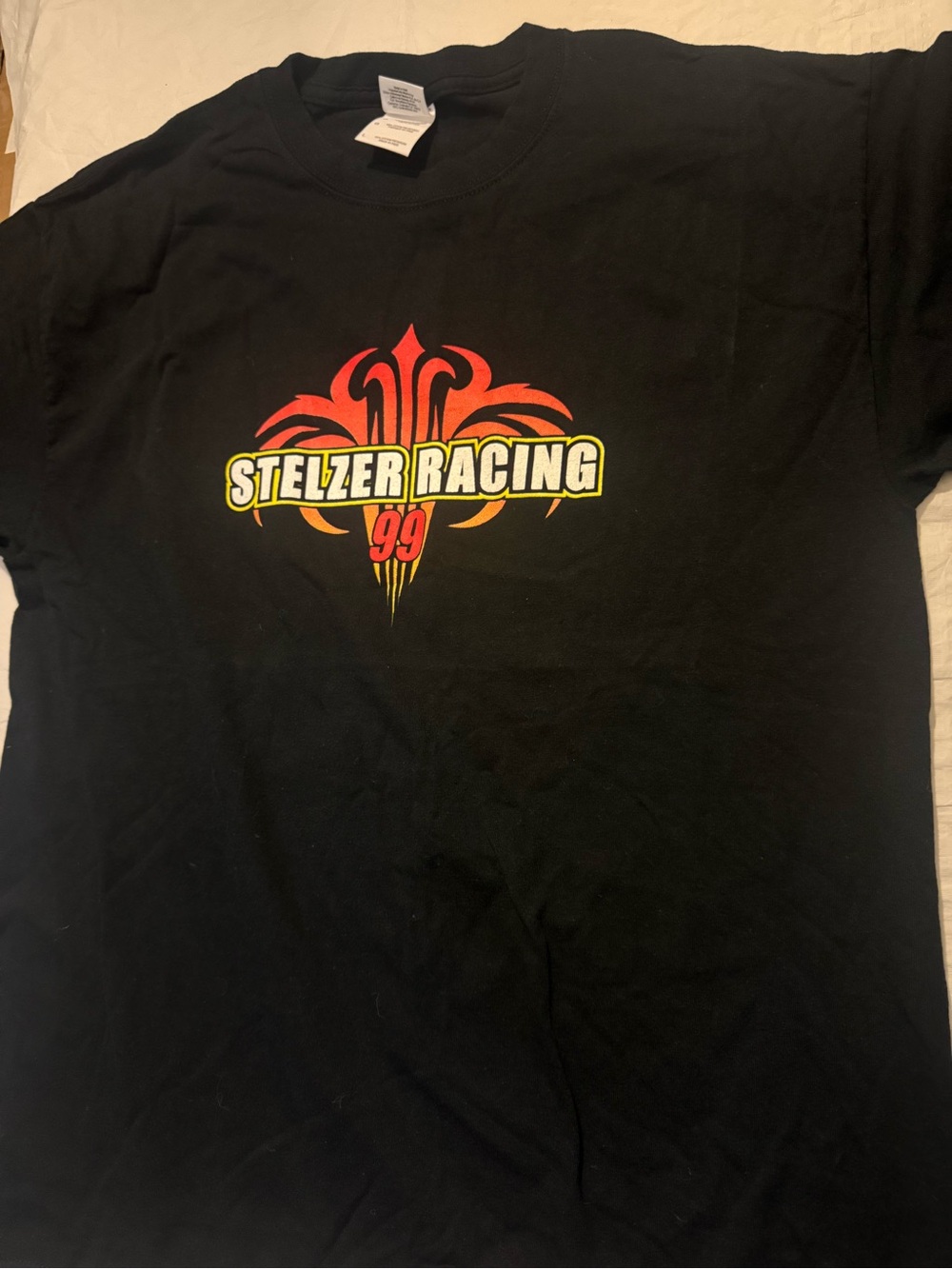 Gildan Black Tee with Red and Yellow Stelzer Racing Graphic